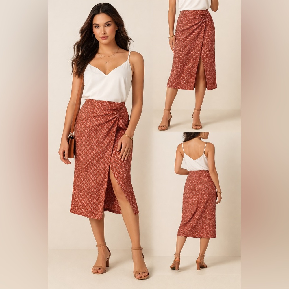 Ann Taylor Ruched Front Midi Skirt Pink Brown/Orange Geometric Print Size 2P